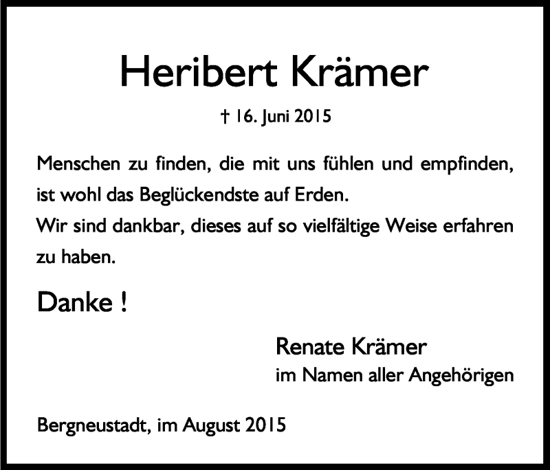  Traueranzeige für Heribert Krämer vom 01.08.2015 aus Kölner Stadt-Anzeiger / Kölnische Rundschau / Express