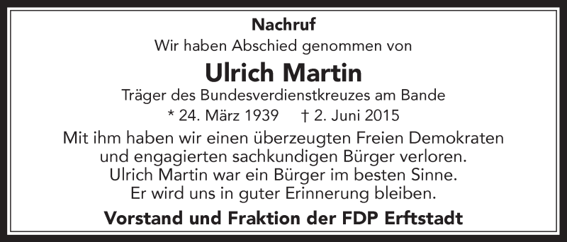  Traueranzeige für Ulrich Martin vom 08.07.2015 aus  Werbepost 