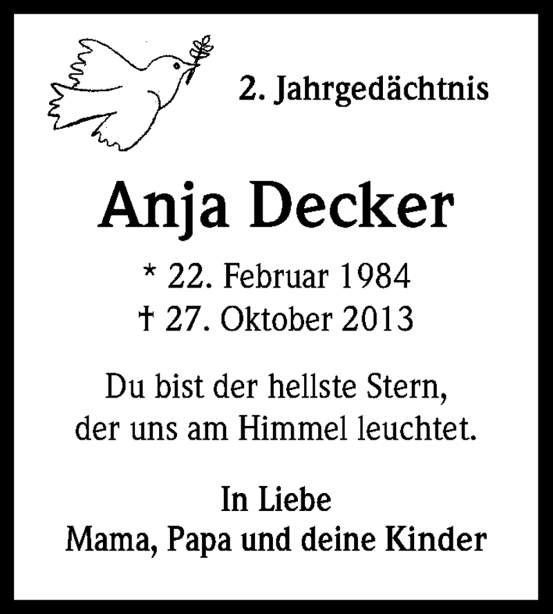  Traueranzeige für Anja Deckerq vom 24.10.2015 aus Kölner Stadt-Anzeiger / Kölnische Rundschau / Express