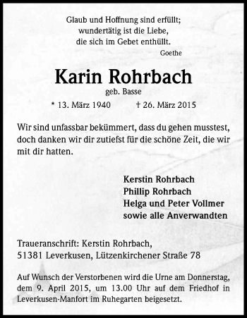 Anzeige von Karin Rohrbach von Kölner Stadt-Anzeiger / Kölnische Rundschau / Express