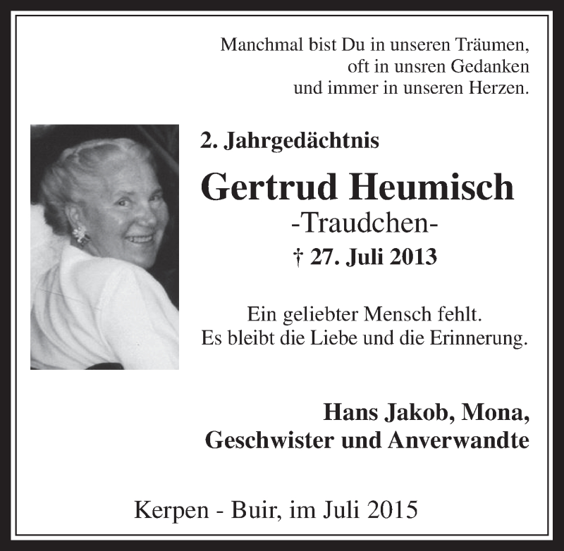  Traueranzeige für Gertrud Heumisch vom 29.07.2015 aus  Werbepost 