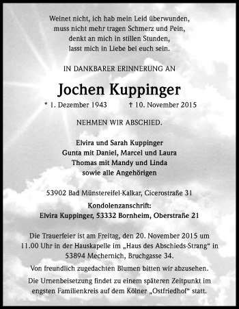 Anzeige von Jochen Kuppinger von Kölner Stadt-Anzeiger / Kölnische Rundschau / Express