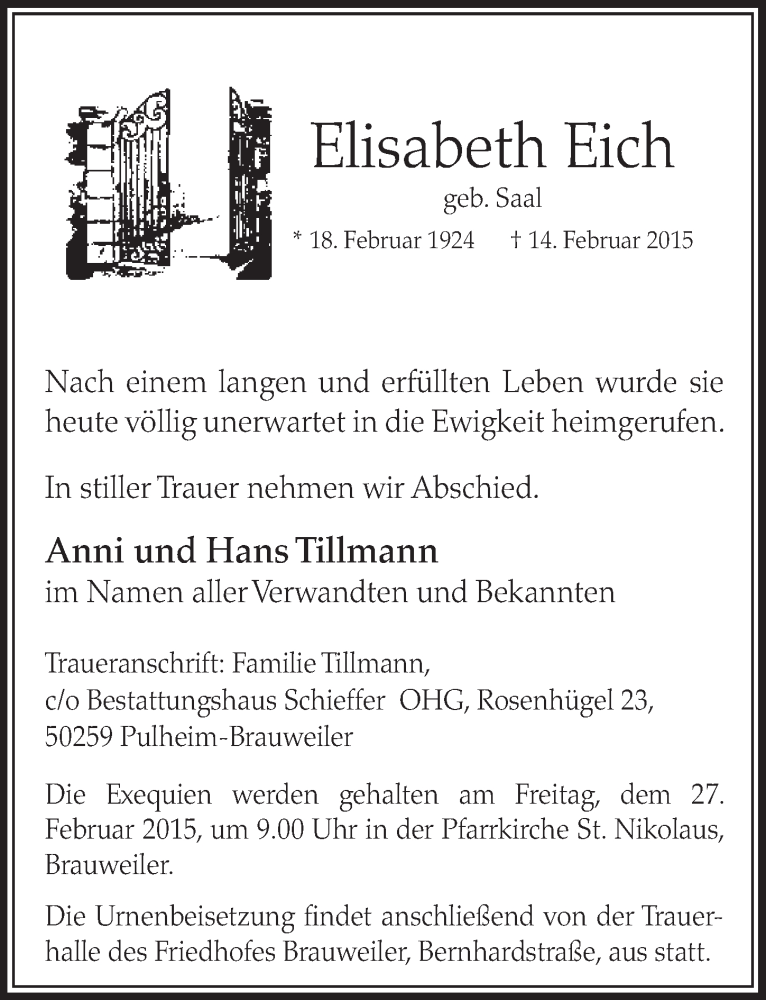  Traueranzeige für Elisabeth Eich vom 21.02.2015 aus  Sonntags-Post 