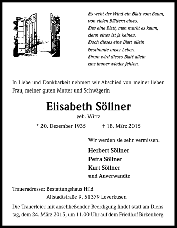 Anzeige von Elisabeth Söllner von Kölner Stadt-Anzeiger / Kölnische Rundschau / Express