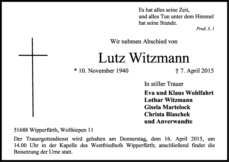  Traueranzeige für Lutz Witzmann vom 11.04.2015 aus Kölner Stadt-Anzeiger / Kölnische Rundschau / Express