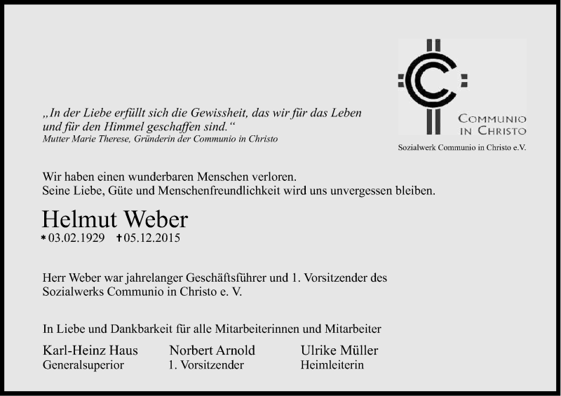  Traueranzeige für Helmut Weber vom 09.12.2015 aus Kölner Stadt-Anzeiger / Kölnische Rundschau / Express