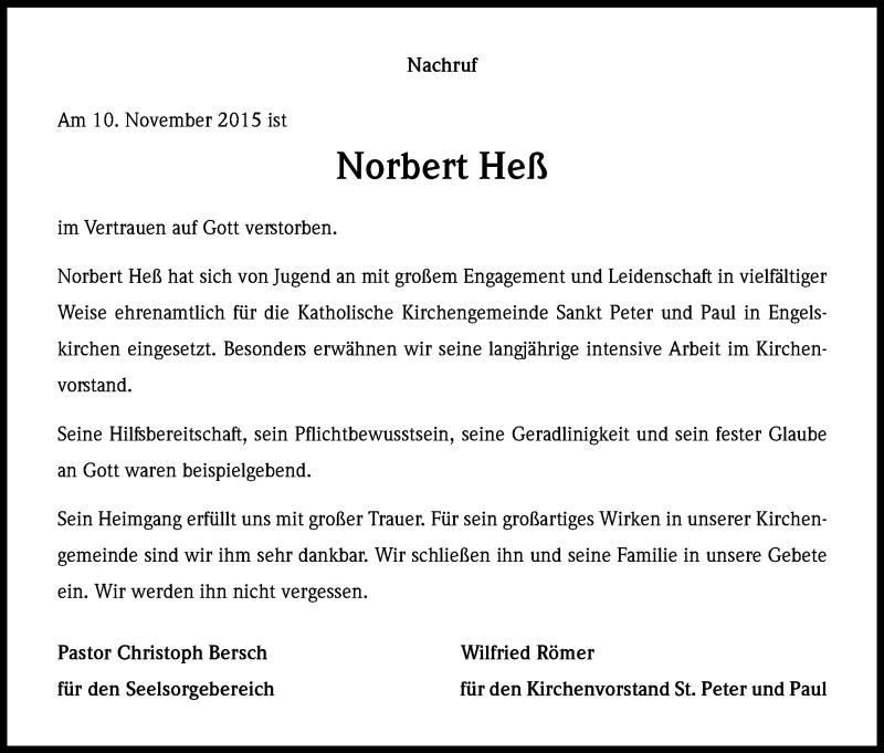 Traueranzeige für Norbert Heß vom 13.11.2015 aus Kölner Stadt-Anzeiger / Kölnische Rundschau / Express