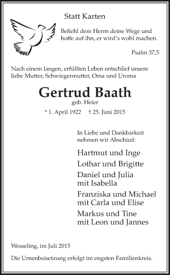Anzeige von Gertrud Baath von  Schlossbote/Werbekurier 