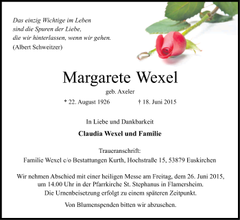 Anzeige von Margarete Wexel von Kölner Stadt-Anzeiger / Kölnische Rundschau / Express