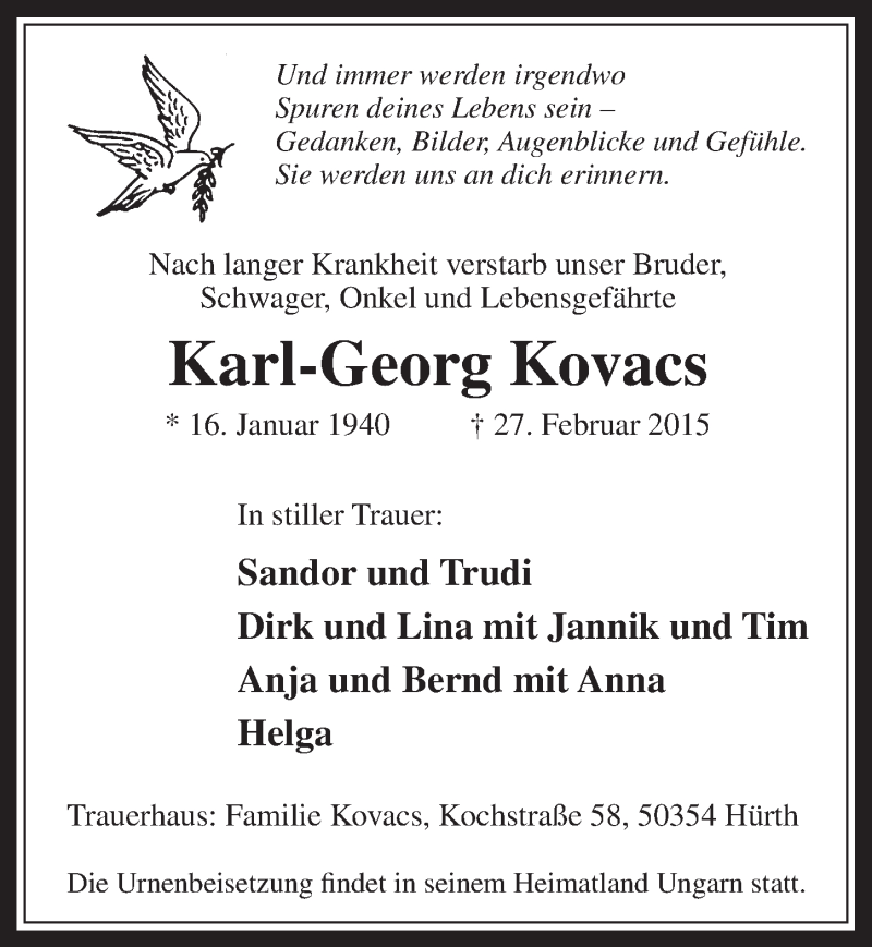  Traueranzeige für Karl-Georg Kovacs vom 18.03.2015 aus  Wochenende 