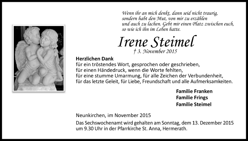  Traueranzeige für Irene Steimel vom 04.12.2015 aus Kölner Stadt-Anzeiger / Kölnische Rundschau / Express