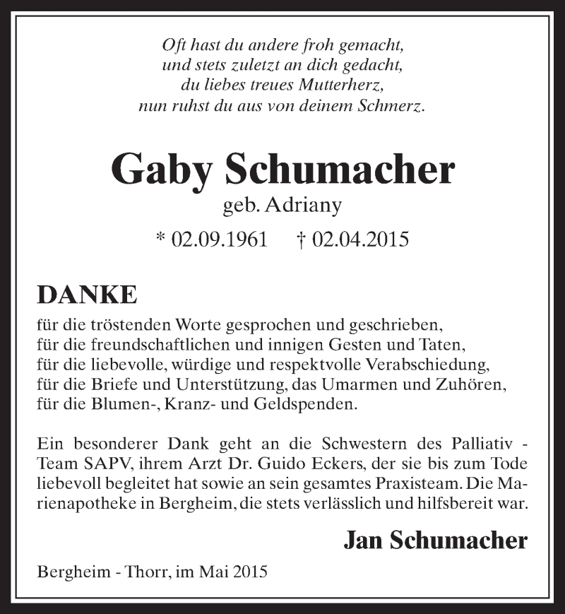  Traueranzeige für Gaby Schumacher vom 20.05.2015 aus  Werbepost 