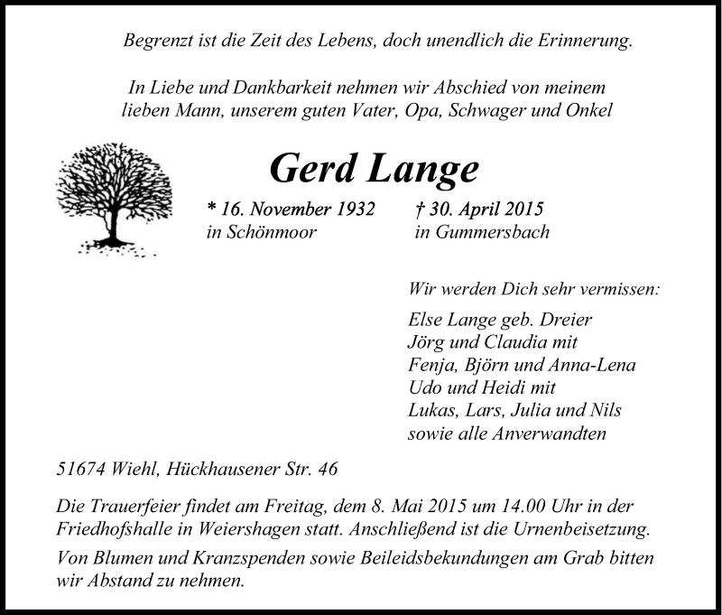  Traueranzeige für Gerd Lange vom 05.05.2015 aus Kölner Stadt-Anzeiger / Kölnische Rundschau / Express