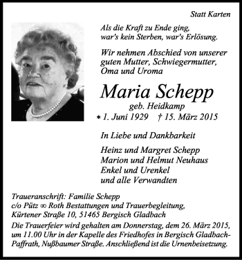 Anzeige von Maria Schepp von Kölner Stadt-Anzeiger / Kölnische Rundschau / Express