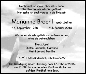 Anzeige von Marianne Broehl von Kölner Stadt-Anzeiger / Kölnische Rundschau / Express