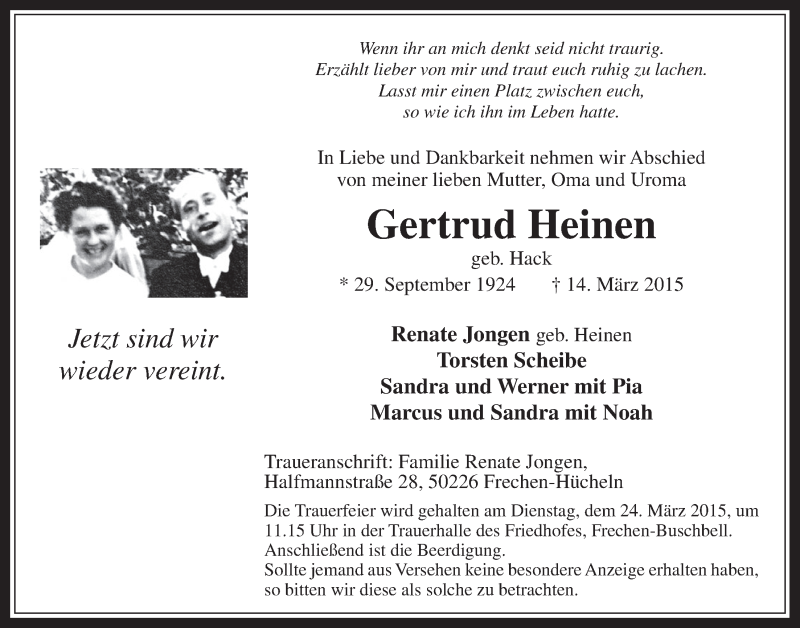  Traueranzeige für Gertrud Heinen vom 18.03.2015 aus  Wochenende 