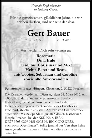 Anzeige von Gert Bauer von Kölner Stadt-Anzeiger / Kölnische Rundschau / Express