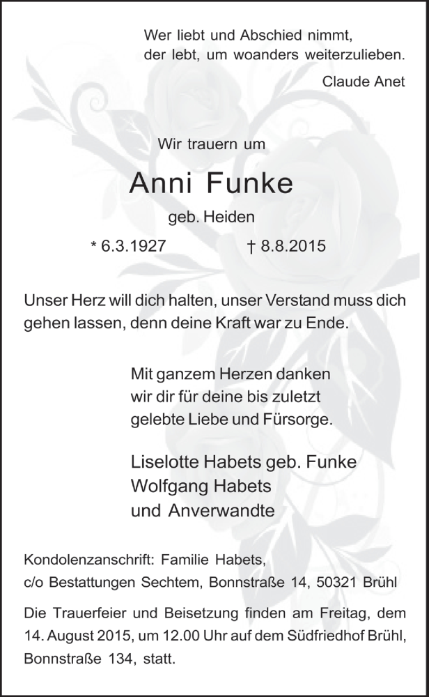  Traueranzeige für Anni Funke vom 12.08.2015 aus  Schlossbote/Werbekurier 
