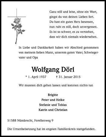 Anzeige von Wolfgang Dörl von Kölner Stadt-Anzeiger / Kölnische Rundschau / Express