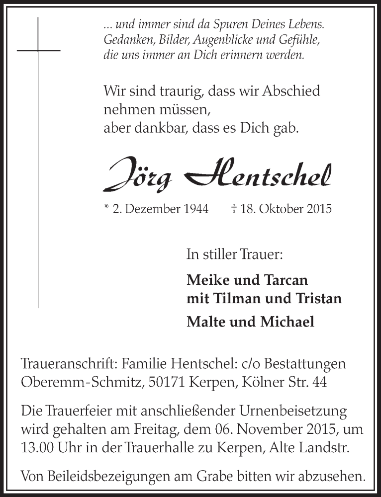  Traueranzeige für Jörg Hentschel vom 31.10.2015 aus  Sonntags-Post 