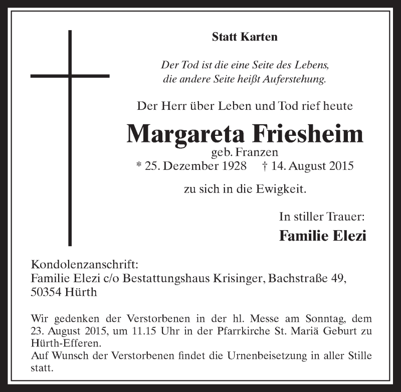  Traueranzeige für Margareta Friesheim vom 19.08.2015 aus  Wochenende 