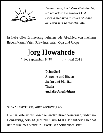 Anzeige von Jörg Howahrde von Kölner Stadt-Anzeiger / Kölnische Rundschau / Express