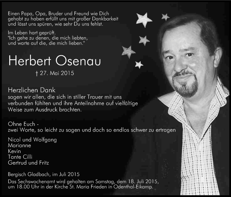  Traueranzeige für Herbert Osenau vom 15.07.2015 aus Kölner Stadt-Anzeiger / Kölnische Rundschau / Express