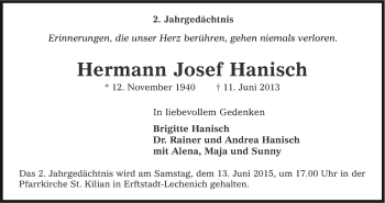 Anzeige von Hermann Josef Hanisch von Kölner Stadt-Anzeiger / Kölnische Rundschau / Express
