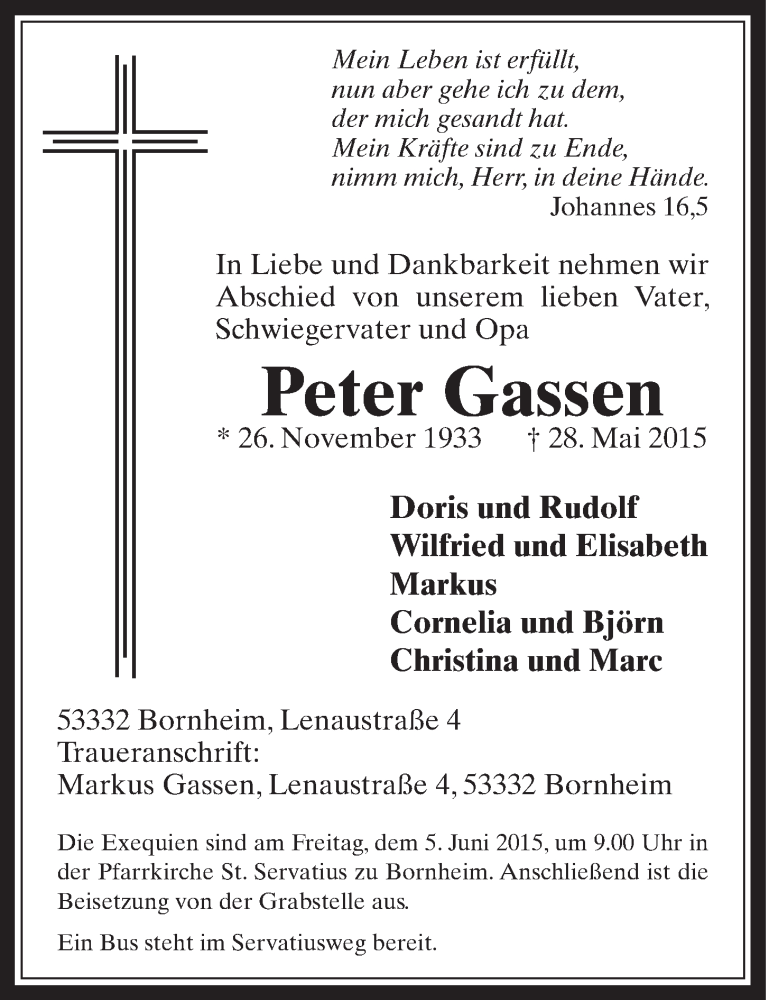  Traueranzeige für Peter Gassen vom 03.06.2015 aus  Schaufenster/Blickpunkt 