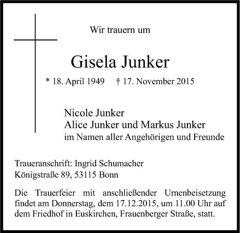  Traueranzeige für Gisela Junker vom 28.11.2015 aus Kölner Stadt-Anzeiger / Kölnische Rundschau / Express