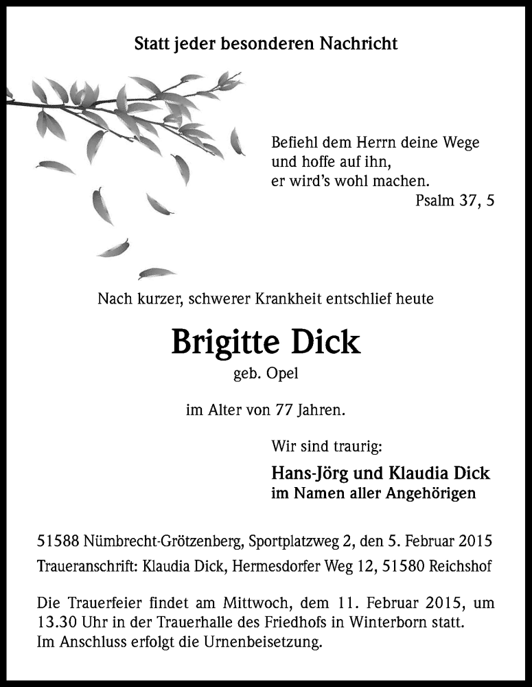  Traueranzeige für Brigitte Dick vom 07.02.2015 aus Kölner Stadt-Anzeiger / Kölnische Rundschau / Express