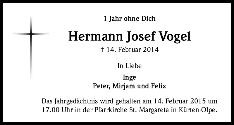  Traueranzeige für Hermann Josef Vogel vom 14.02.2015 aus Kölner Stadt-Anzeiger / Kölnische Rundschau / Express