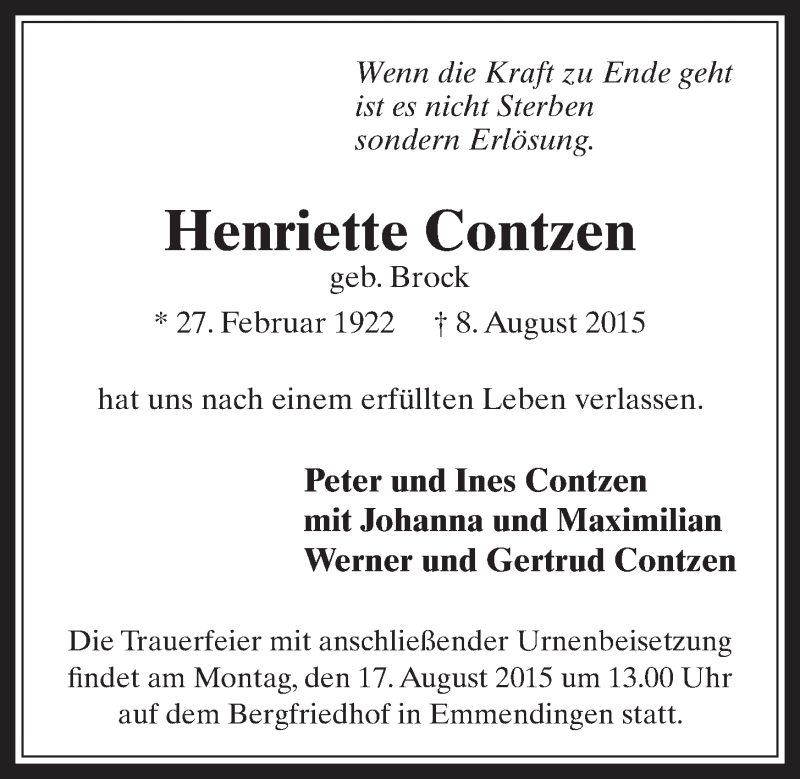  Traueranzeige für Henriette Contzen vom 15.08.2015 aus  Schaufenster/Blickpunkt am Wochenende 