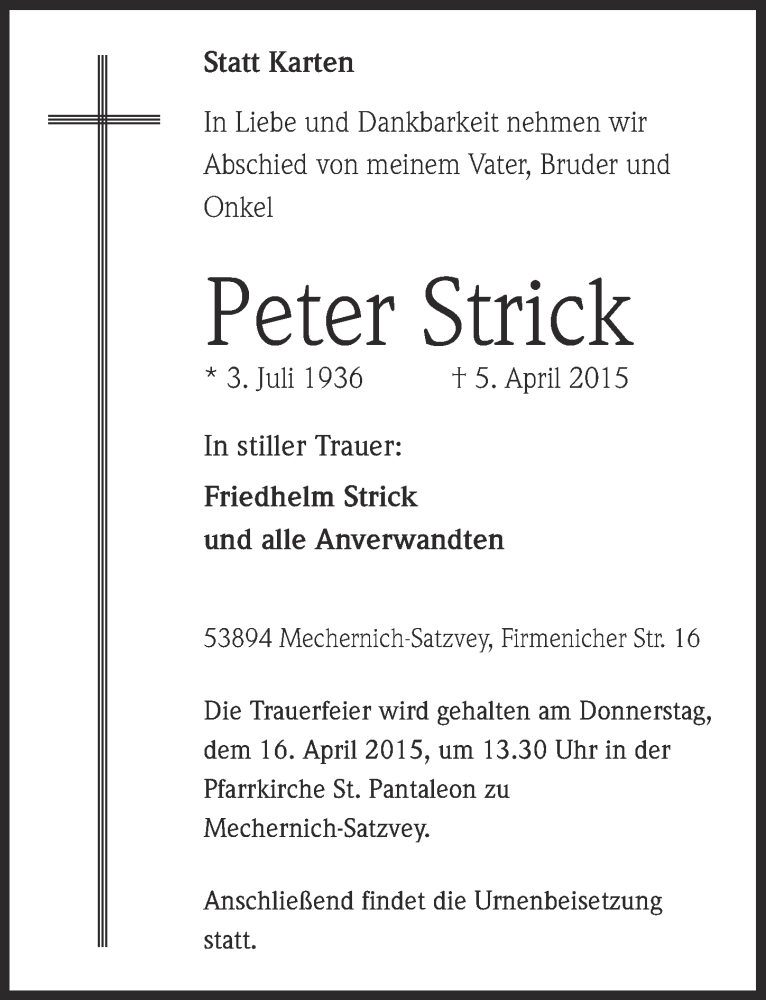  Traueranzeige für Peter Strick vom 12.04.2015 aus  Blickpunkt Euskirchen 