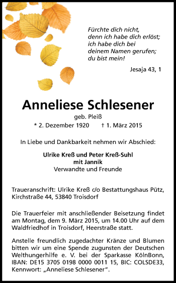Anzeige von Anneliese Schlesener von Kölner Stadt-Anzeiger / Kölnische Rundschau / Express