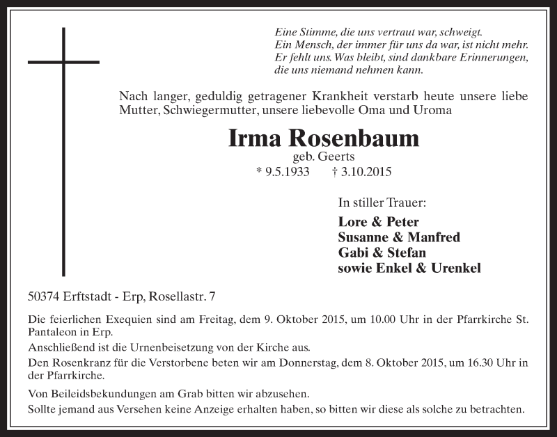  Traueranzeige für Irma Rosenbaum vom 07.10.2015 aus  Werbepost 