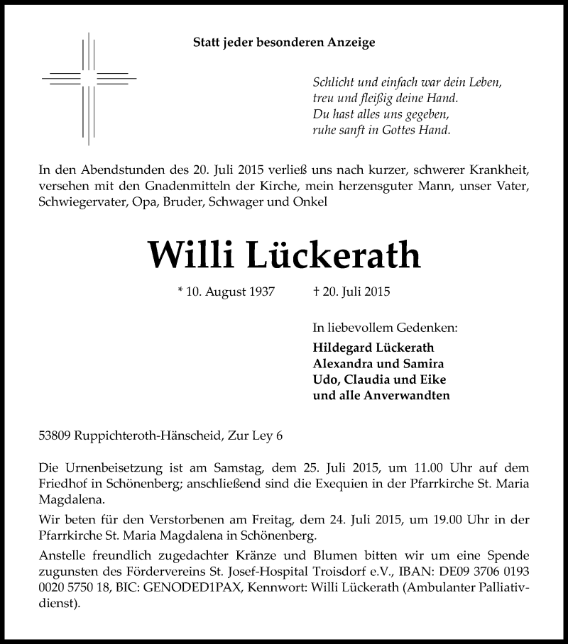  Traueranzeige für Willi Lückerath vom 23.07.2015 aus Kölner Stadt-Anzeiger / Kölnische Rundschau / Express