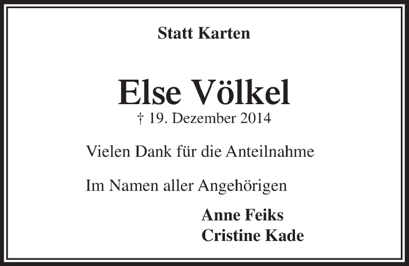  Traueranzeige für Else Völkel vom 28.01.2015 aus  Lokalanzeiger 