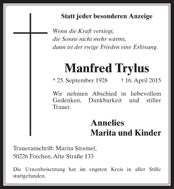 Anzeige von Manfred Trylus von  Wochenende 