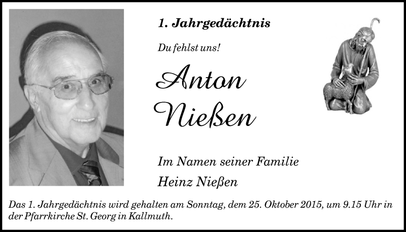  Traueranzeige für Anton Nießen vom 18.10.2015 aus  Blickpunkt Euskirchen 