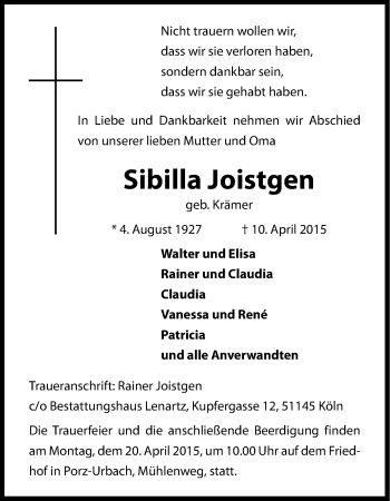 Anzeige von Sibilla Joisten von Kölner Stadt-Anzeiger / Kölnische Rundschau / Express