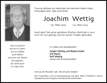 Anzeige von Joachim Wettig von Kölner Stadt-Anzeiger / Kölnische Rundschau / Express