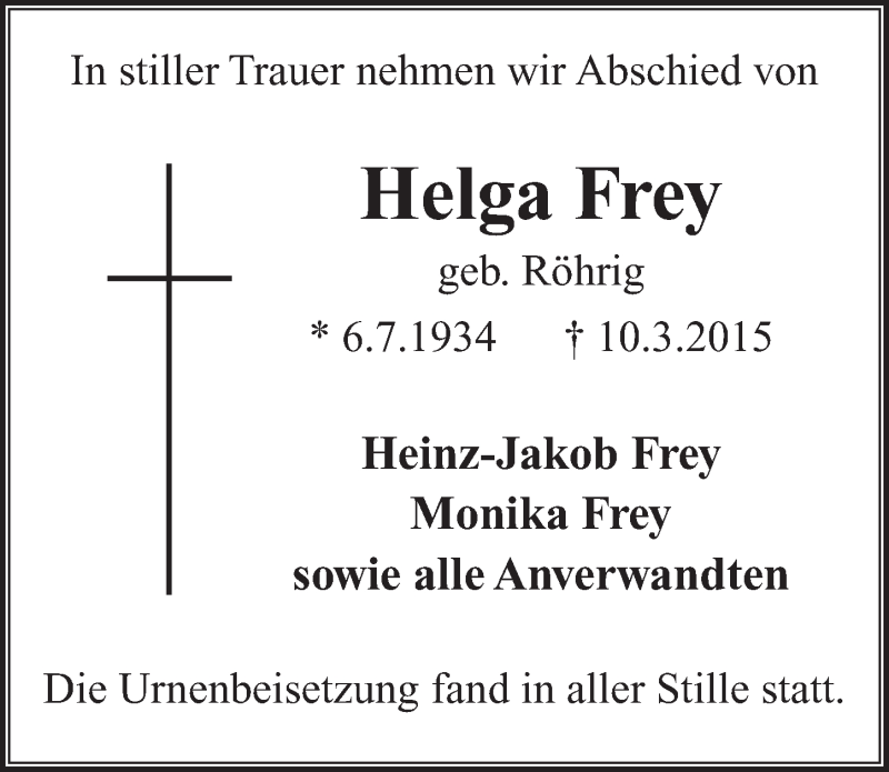  Traueranzeige für Helga Frey vom 18.03.2015 aus  Extra Blatt 