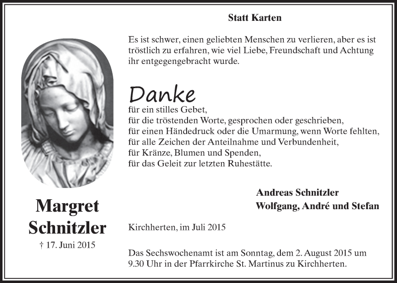  Traueranzeige für Margret Schnitzler vom 25.07.2015 aus  Sonntags-Post 