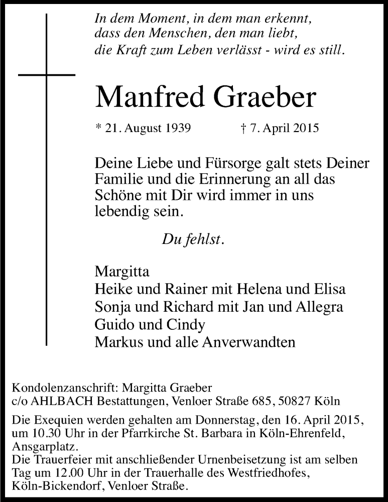  Traueranzeige für Manfred Graeber vom 11.04.2015 aus Kölner Stadt-Anzeiger / Kölnische Rundschau / Express