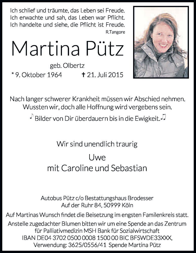  Traueranzeige für Martina Pütz vom 01.08.2015 aus Kölner Stadt-Anzeiger / Kölnische Rundschau / Express