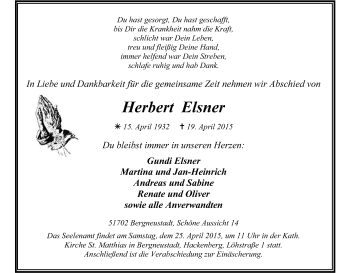 Anzeige von Herbert Elsner von Kölner Stadt-Anzeiger / Kölnische Rundschau / Express
