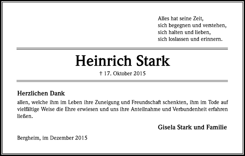  Traueranzeige für Heinrich Stark vom 05.12.2015 aus Kölner Stadt-Anzeiger / Kölnische Rundschau / Express