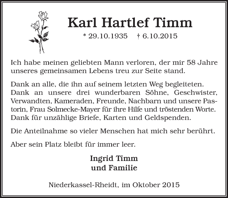  Traueranzeige für Karl Hartlef Timm vom 04.11.2015 aus  Extra Blatt 