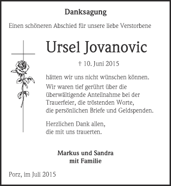Anzeige von Ursel Jovanovic von  Kölner Wochenspiegel 